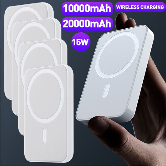 Sleek 20000mAh power bank with wireless charging capabilities, compatible with iPhone 14/13/12, showcased in a hand-held display.