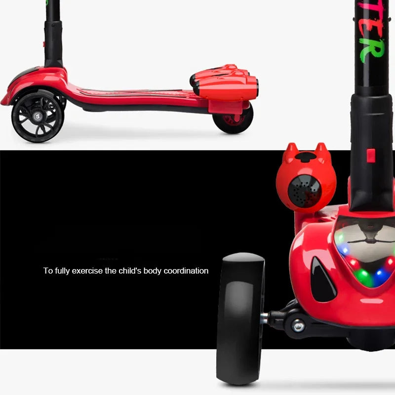 Folding Adjustable Kick Scooters for Kids, 3 Wheel Electric Light Spray, Children's Foot Scooters, High Quality