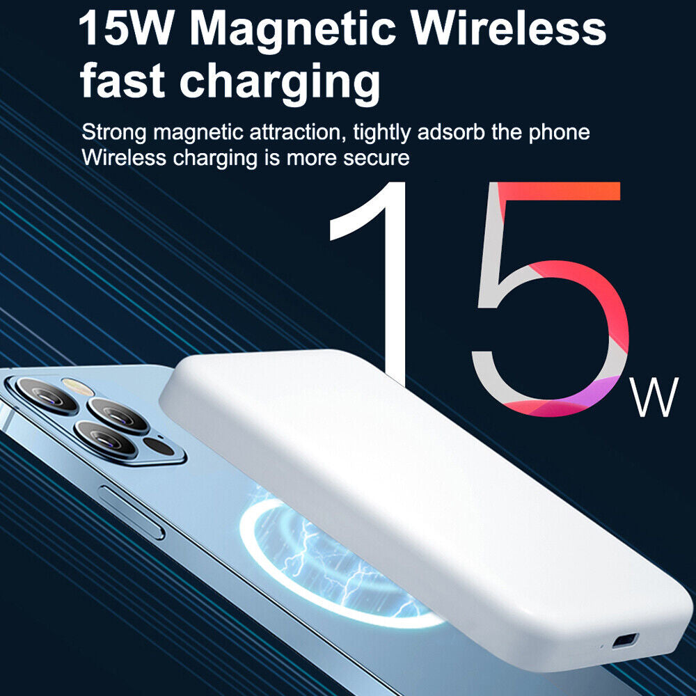 15W Magnetic wireless charging power bank for iPhone 14/13/12 with strong magnetic attraction and secure wireless charging.