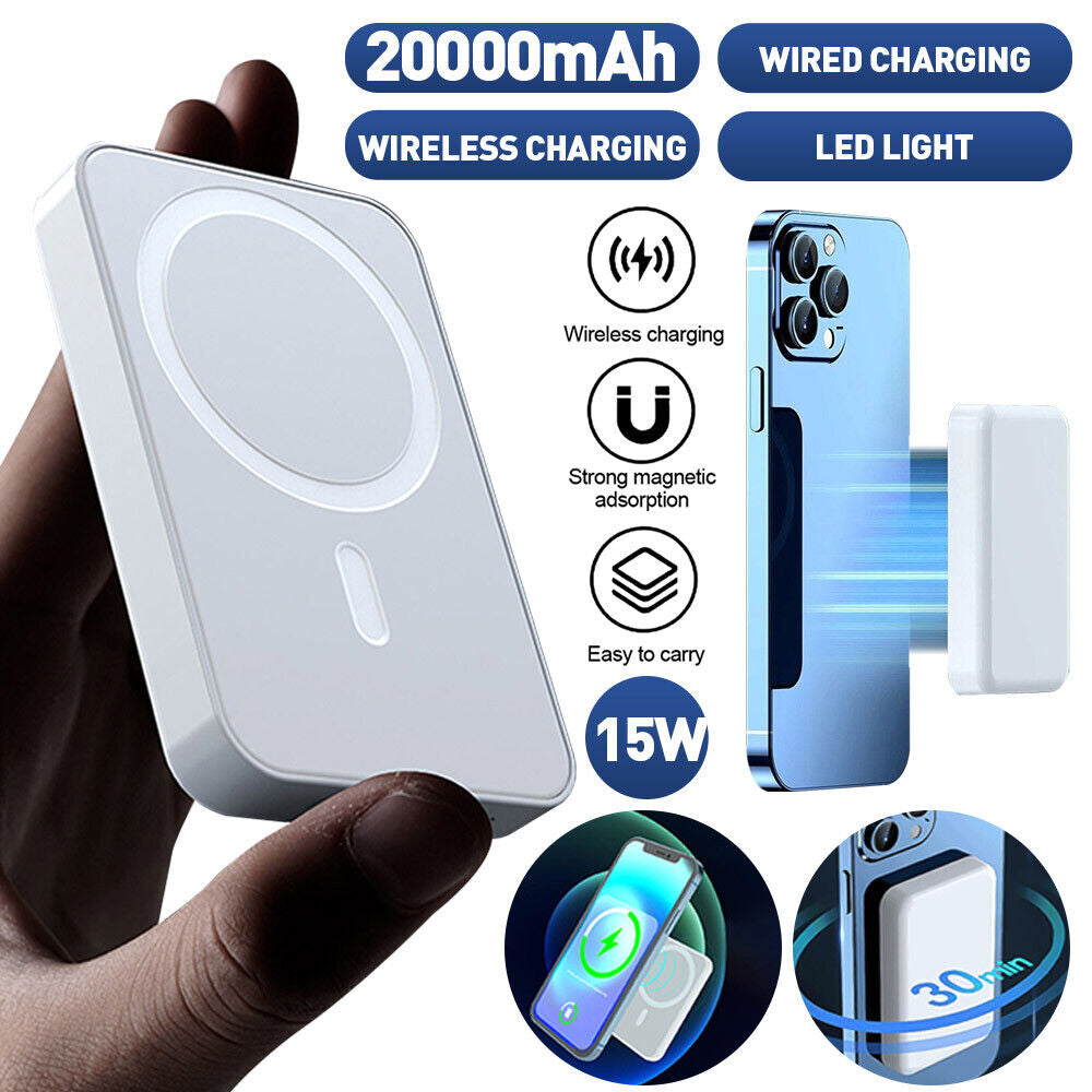 20000mAh Magnetic Power Bank with Wireless Charging, Wired Charging, and LED Light for iPhone 14/13/12 and other devices