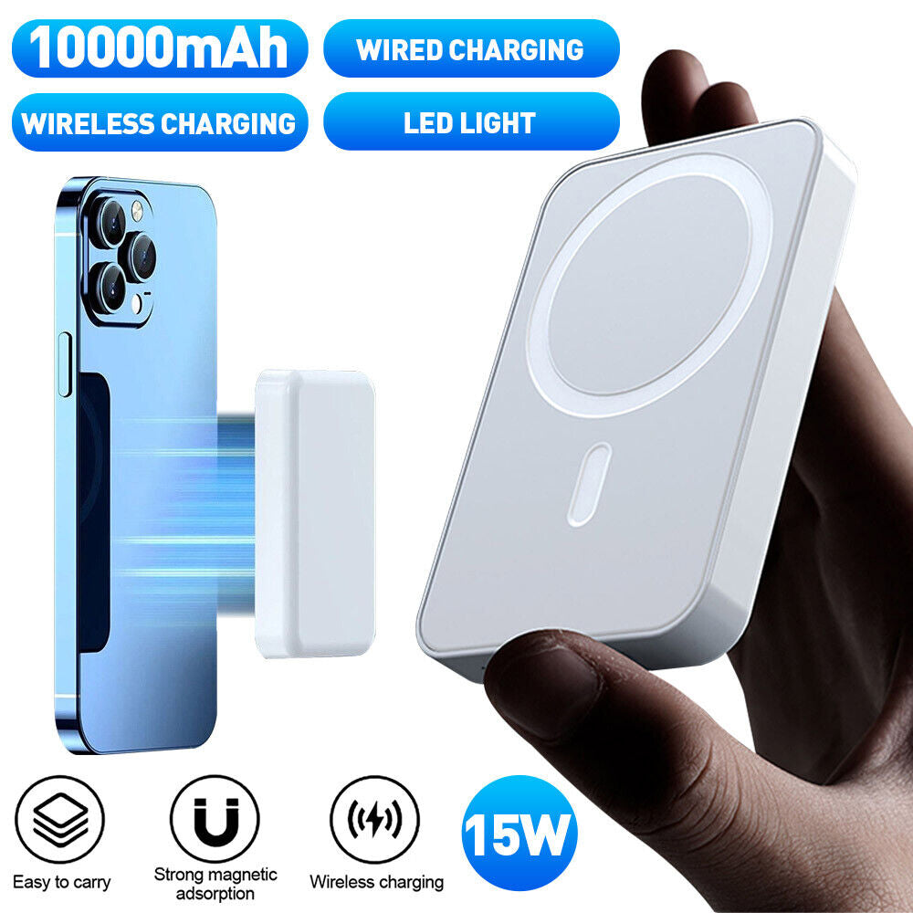 10000mAh Magnetic Wireless Charger Battery Pack with LED Light and Wired Charging Capabilities